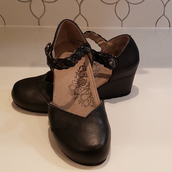 Aetrex Shoes - Aetrex Black Leather Braided Strap Mary Jane Wedge Comfort Shoes